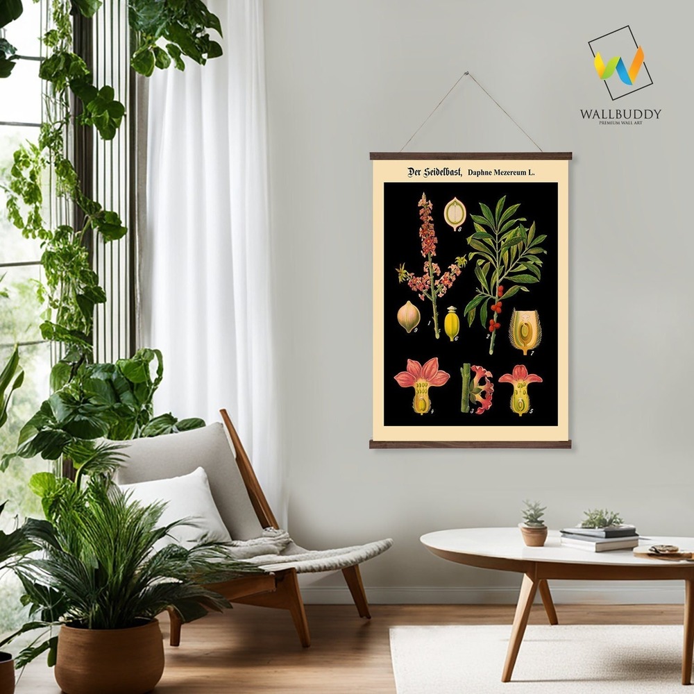 Black Botanical Wall Hanging - Botanical Daphne Mezereum Illustration
